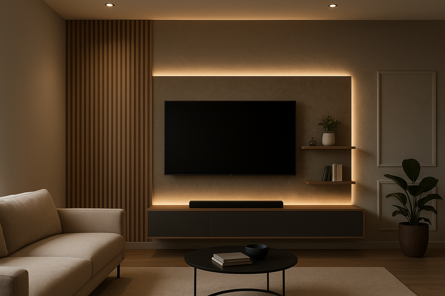 Modern living room with a sleek media wall design featuring a floating TV unit, built-in shelving, LED lighting, and stylish décor elements — a clean example of Media Wall Ideas.