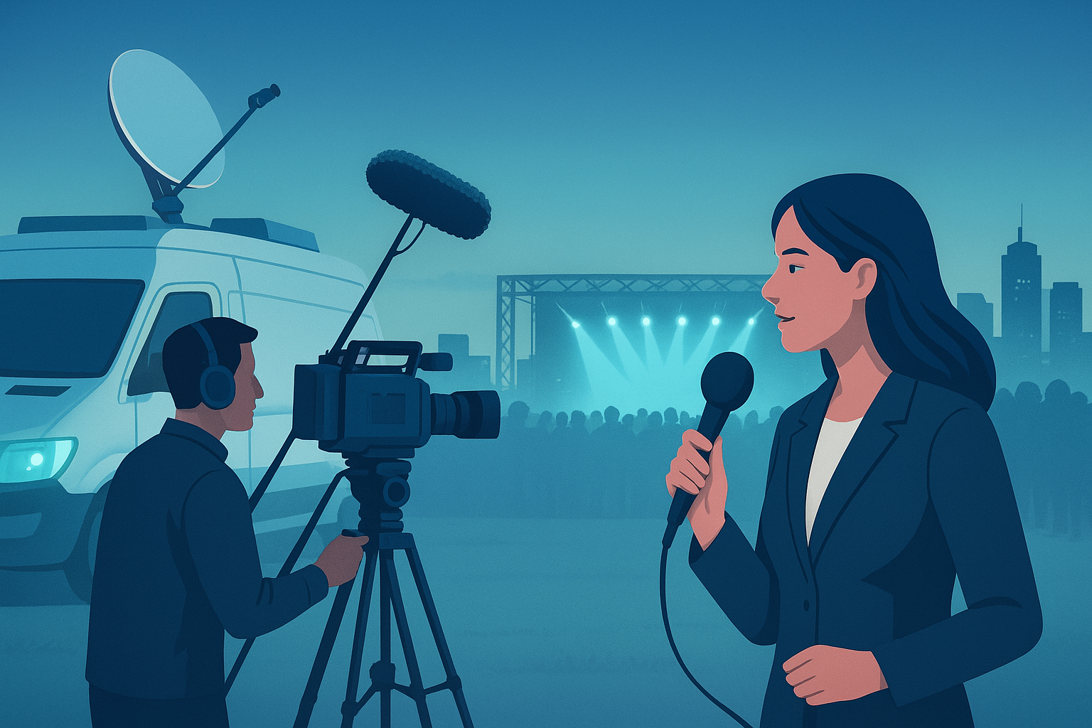 Reporter and camera crew conducting a live news segment outside with a satellite van and city backdrop, representing outdoor broadcasting in action.