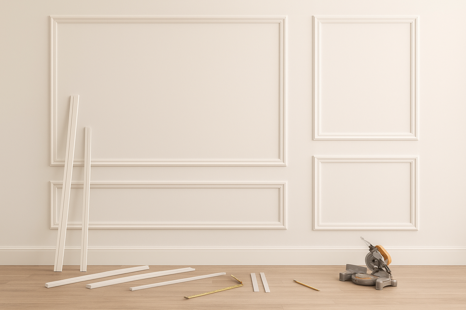 Modern wall with picture frame molding pieces being measured and installed, representing a Picture Frame Molding Calculator in action.