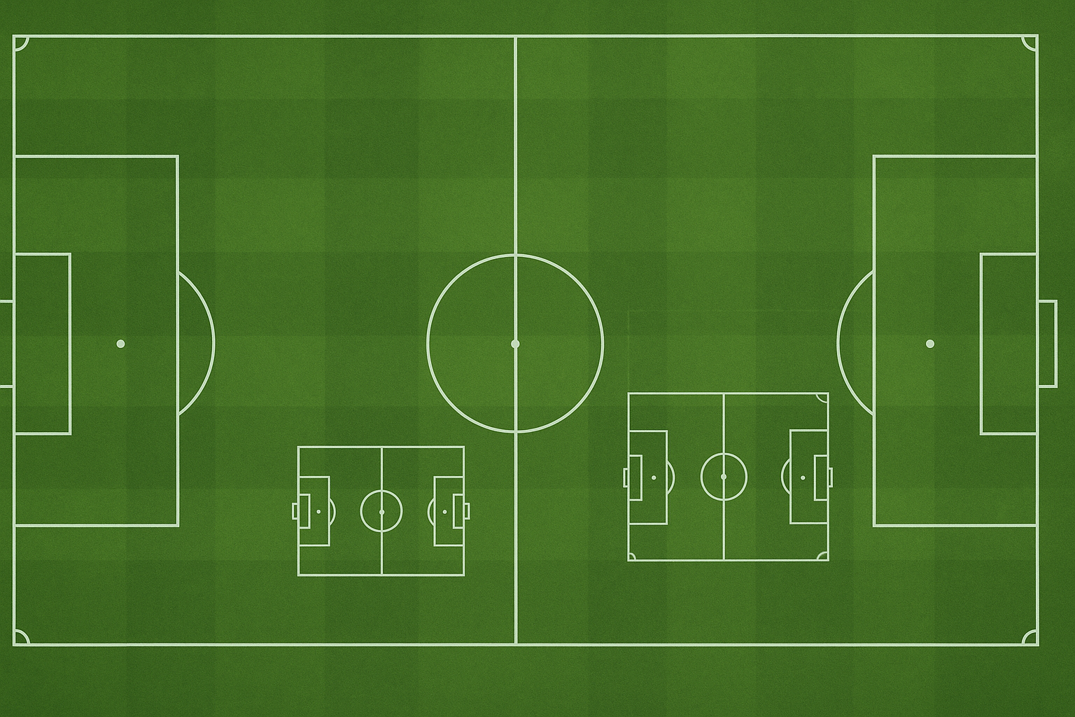 Aerial digital illustration of a professional soccer pitch with smaller field outlines layered inside to visually compare Soccer Field Dimensions across different levels.
