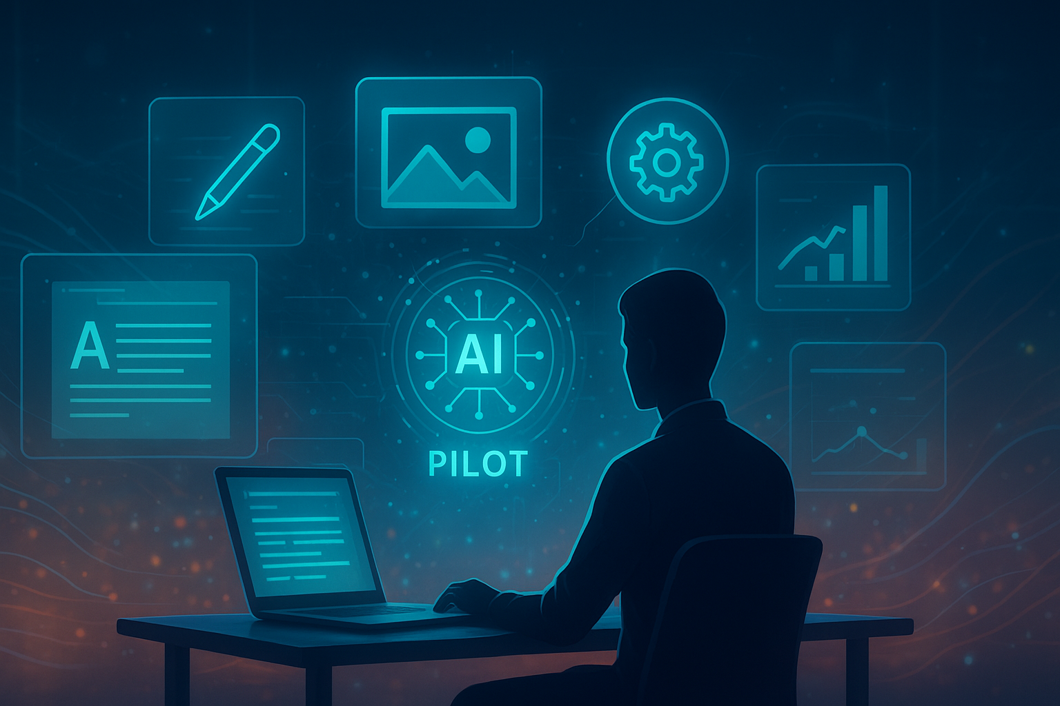 Futuristic workspace showing a creator using AI-powered web tools with holographic icons for writing, design, and analytics, symbolizing the Web Tools Pilot redefining how creators work online.