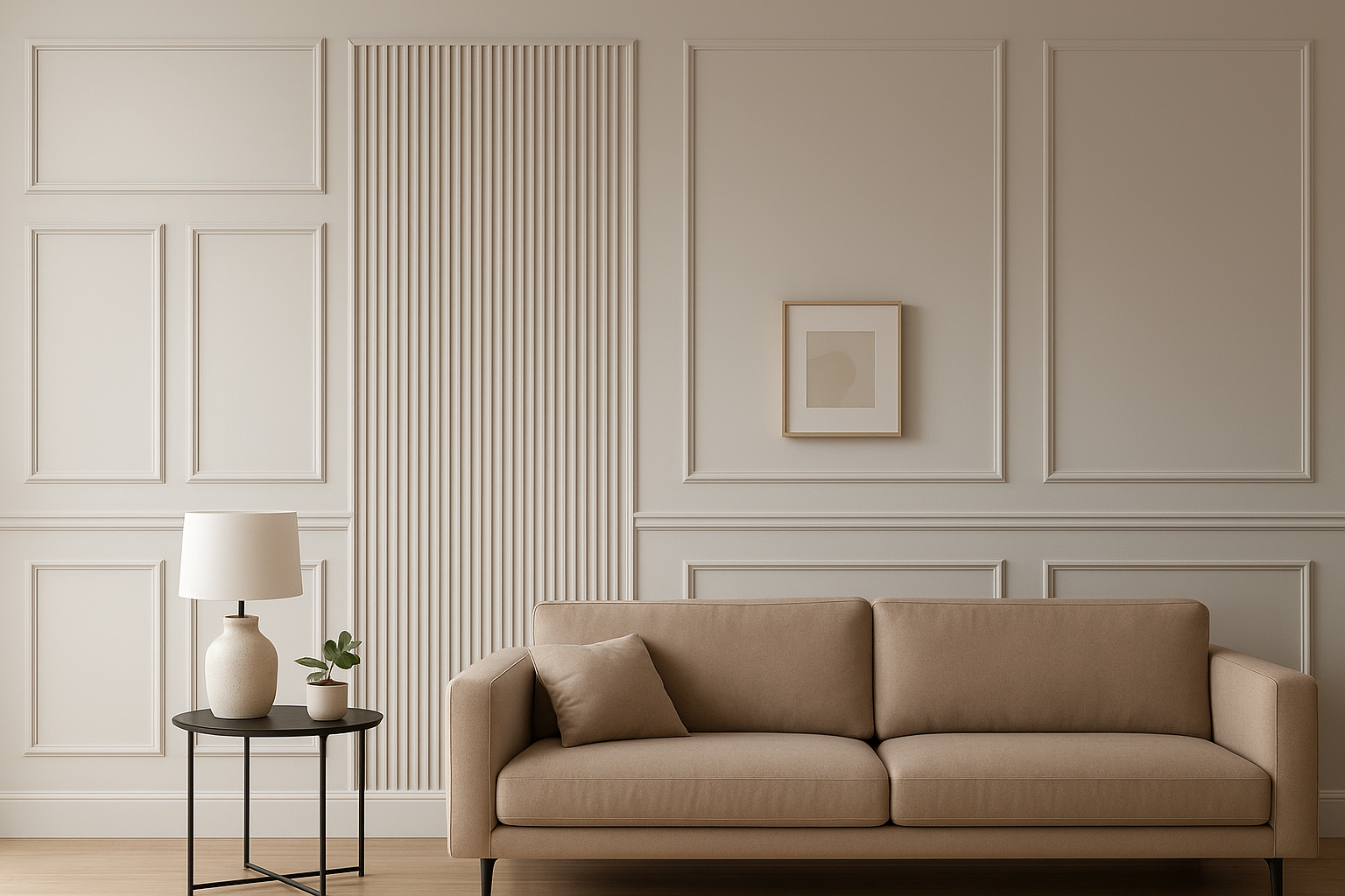 Stylish living room interior showcasing multiple wall moulding ideas, including panel moulding, fluted trim, and modern framing around artwork.