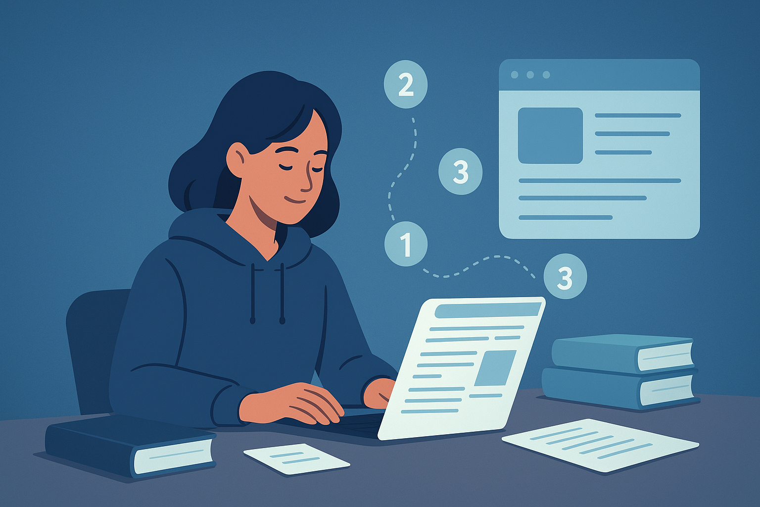 A student working on a laptop surrounded by books and floating reference numbers, visually representing what is a citation and how sources are connected in research.