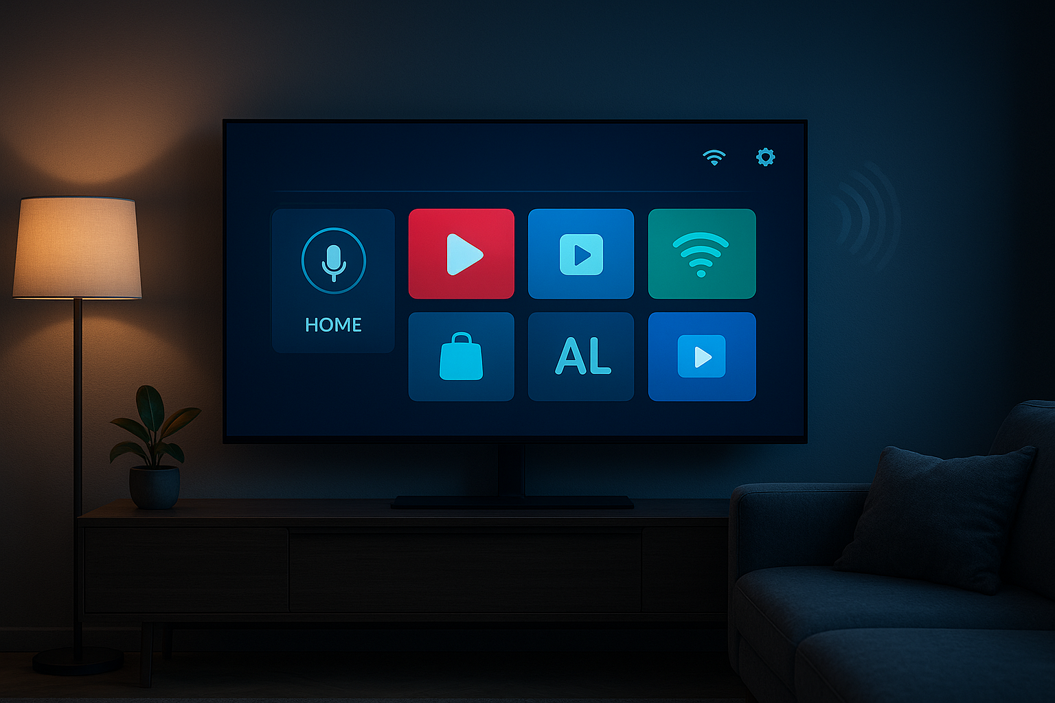 A modern living room featuring a Smart TV displaying a vibrant interface with streaming apps, symbolizing what a Smart TV is and how it connects technology with everyday comfort.