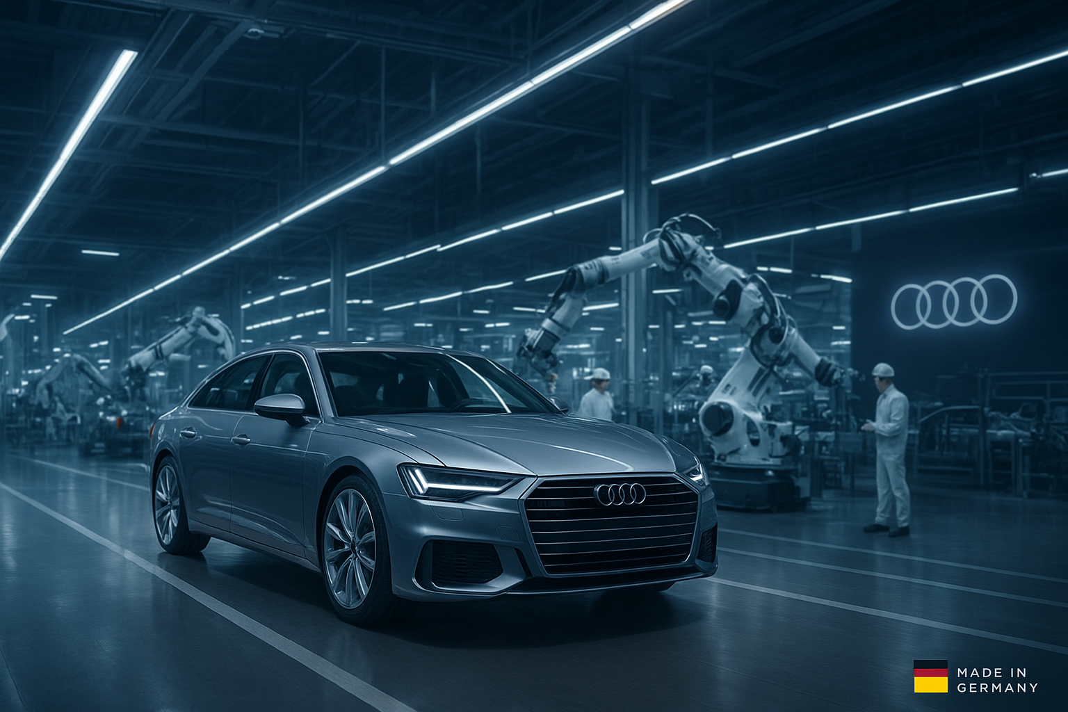 Engineers and robotic arms assembling a luxury Audi car in a modern German factory, illustrating who makes Audi and the precision behind its production.