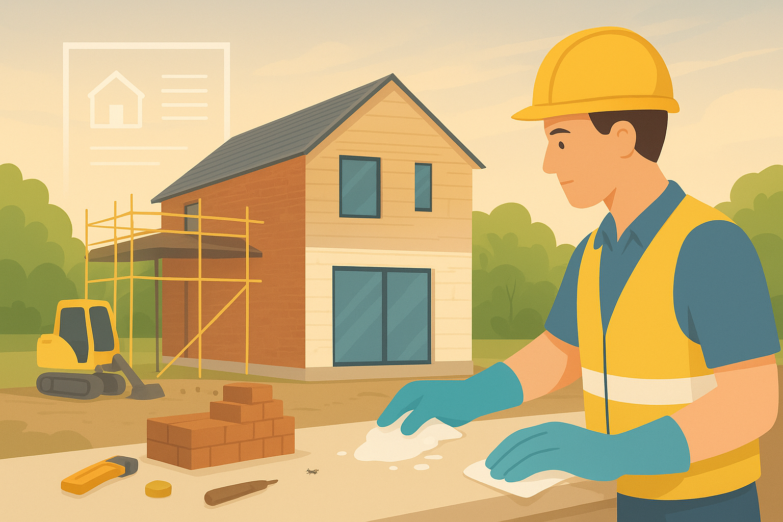 A detailed digital illustration showing architects and builders working on a modern UK-style home design, representing the concept of how much it costs to build a house in the UK.