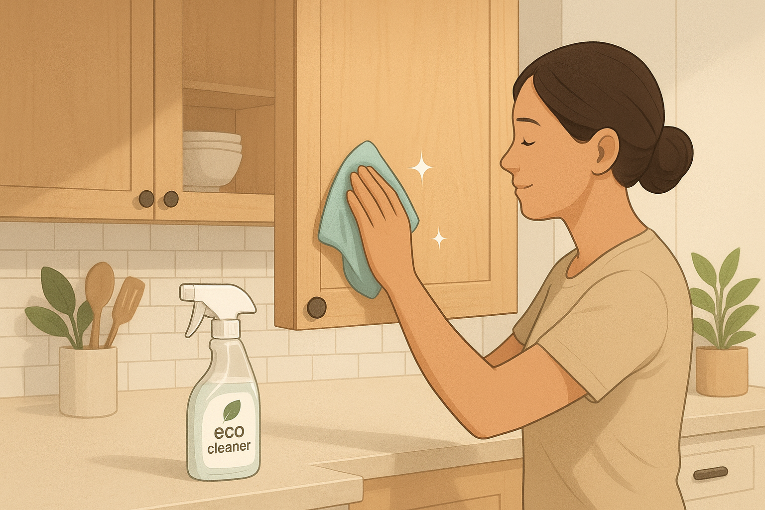 A woman using a microfiber cloth and eco cleaner to demonstrate how to clean kitchen cabinets in a bright modern kitchen.