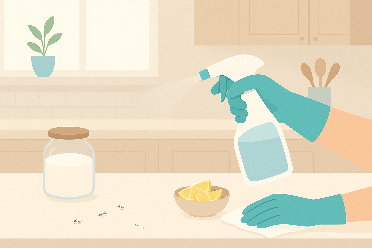 Person cleaning a kitchen countertop with natural spray and cloth while small ants are visible near a sugar jar, showing how to get rid of ants in kitchen.
