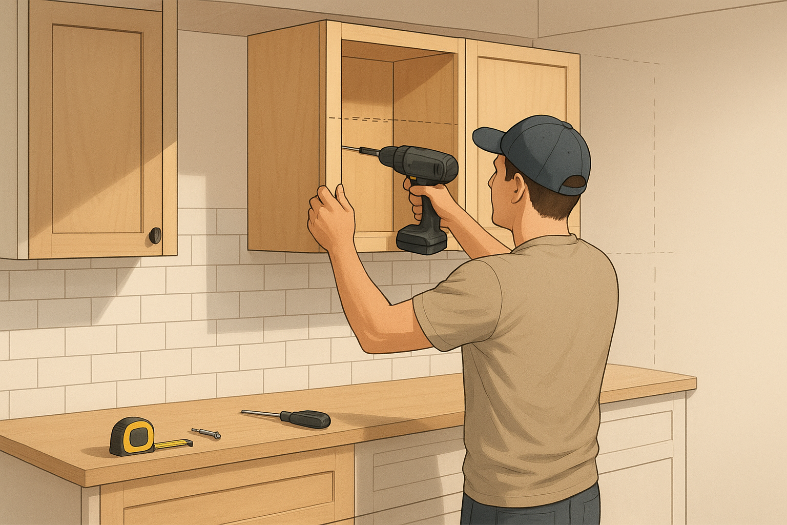 A person using a power drill to demonstrate how to install kitchen cabinets in a modern kitchen setup.