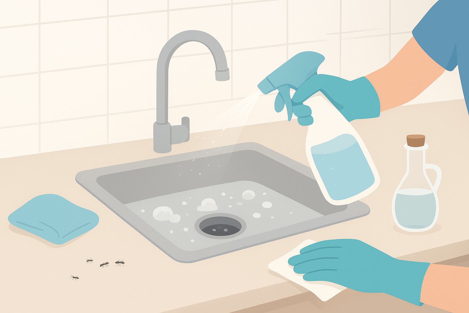 Person using a plunger and cleaning solution to clear a blocked drain, demonstrating how to unclog a kitchen sink effectively.
