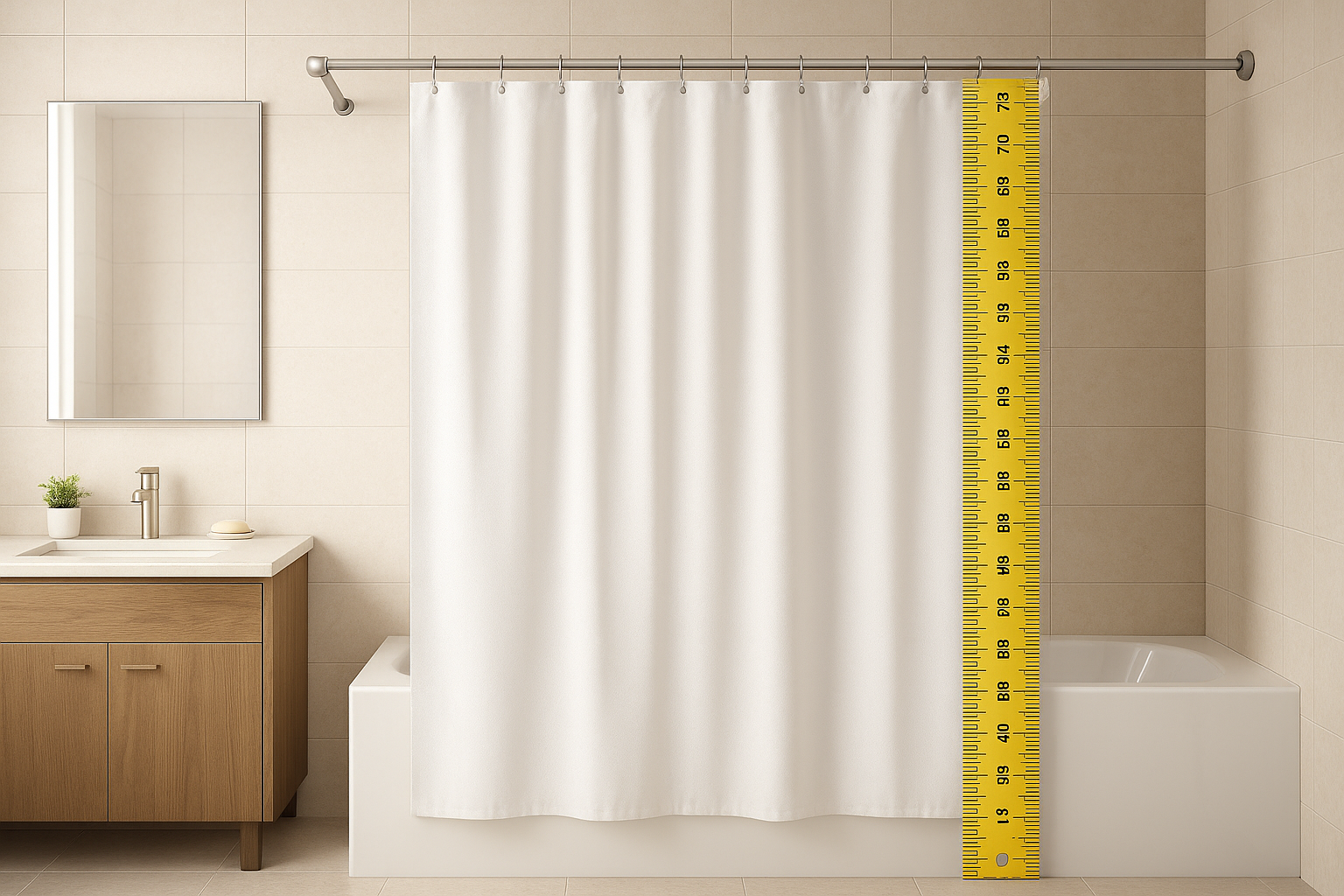 A modern bathroom featuring a neatly hung fabric shower curtain, illustrating accurate shower curtain dimensions for a standard bathtub setup.