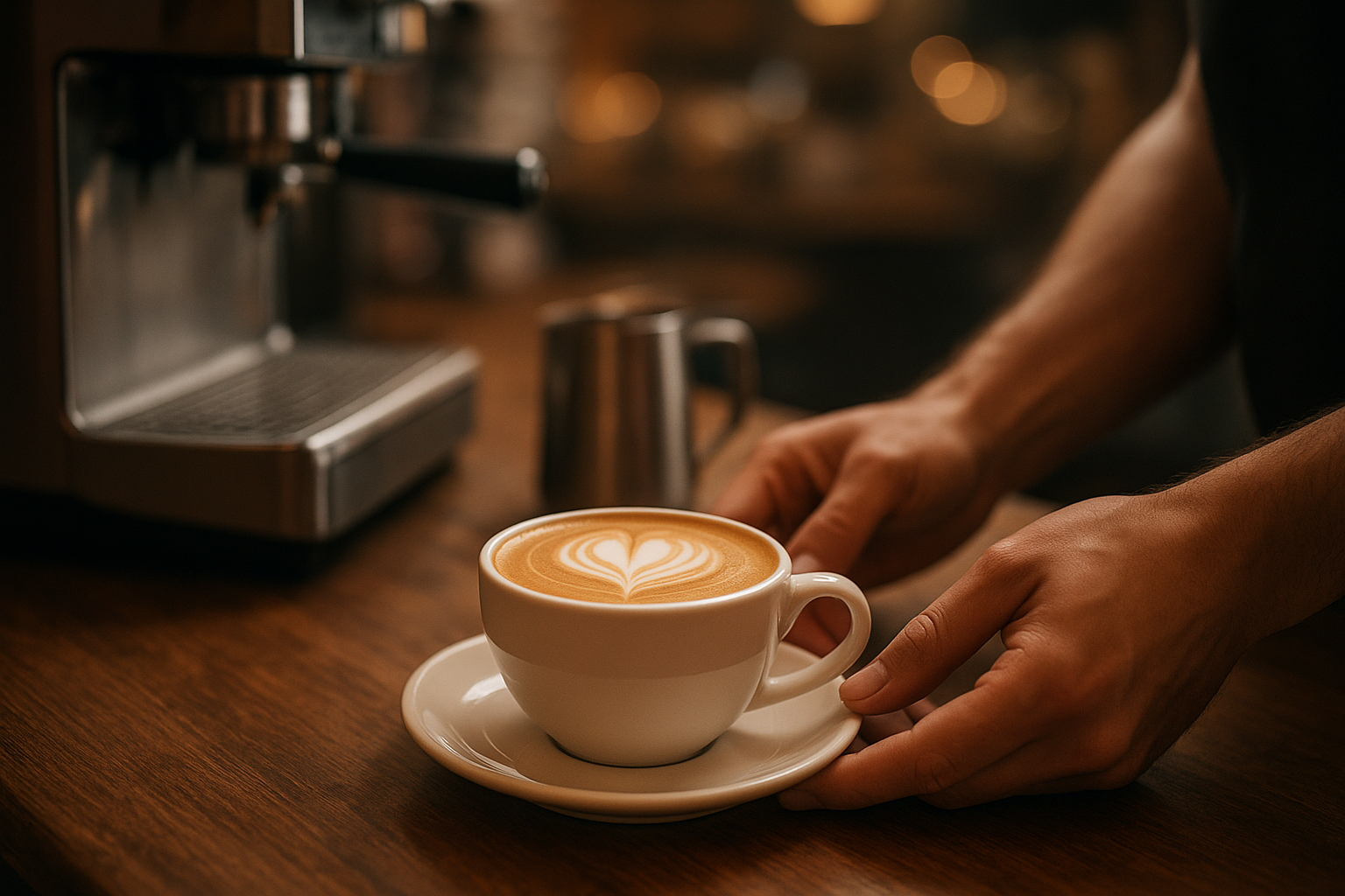 A freshly crafted latte with heart-shaped latte art on top, placed on a wooden counter — a visual for explaining what is a latte.