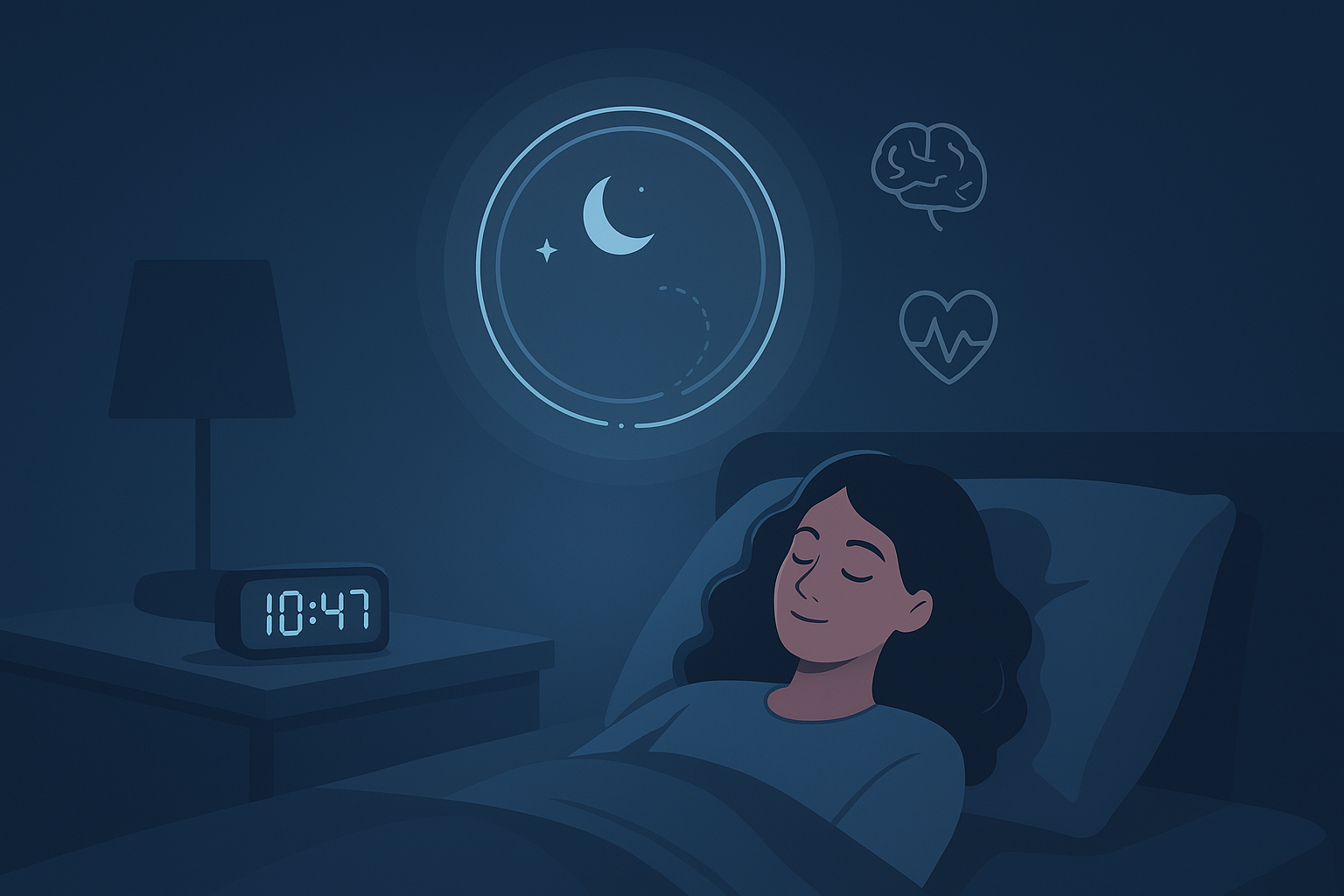 A woman peacefully sleeping in a dark blue bedroom with sleep-related icons showing brain and heart health, visually representing what is core sleep and its role in nightly rest.
