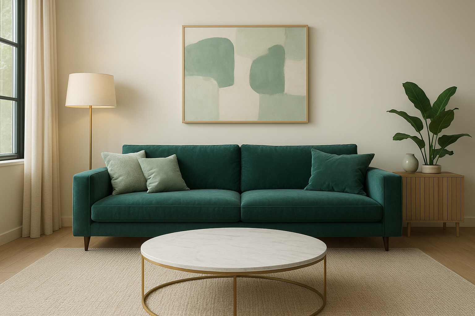 A stylish modern living room with elegant green décor, illustrating why interior design is interesting MintPalDecor style.