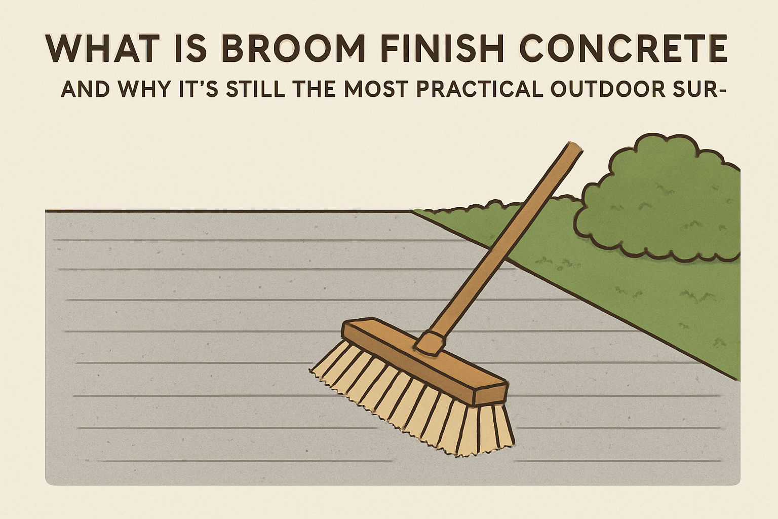Broom finish concrete surface with textured lines created by a broom, showing a durable and slip-resistant outdoor finish.