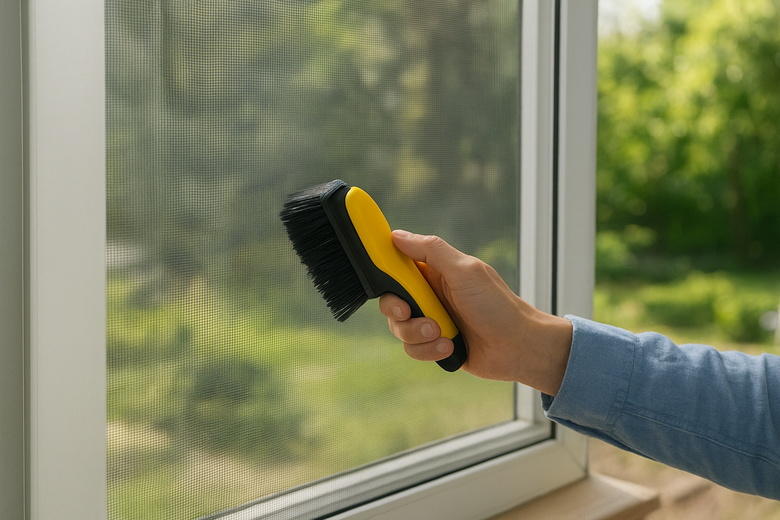 Person cleaning window screens with a soft brush and spray bottle, showing an easy method for how do I clean window screens without removing them.