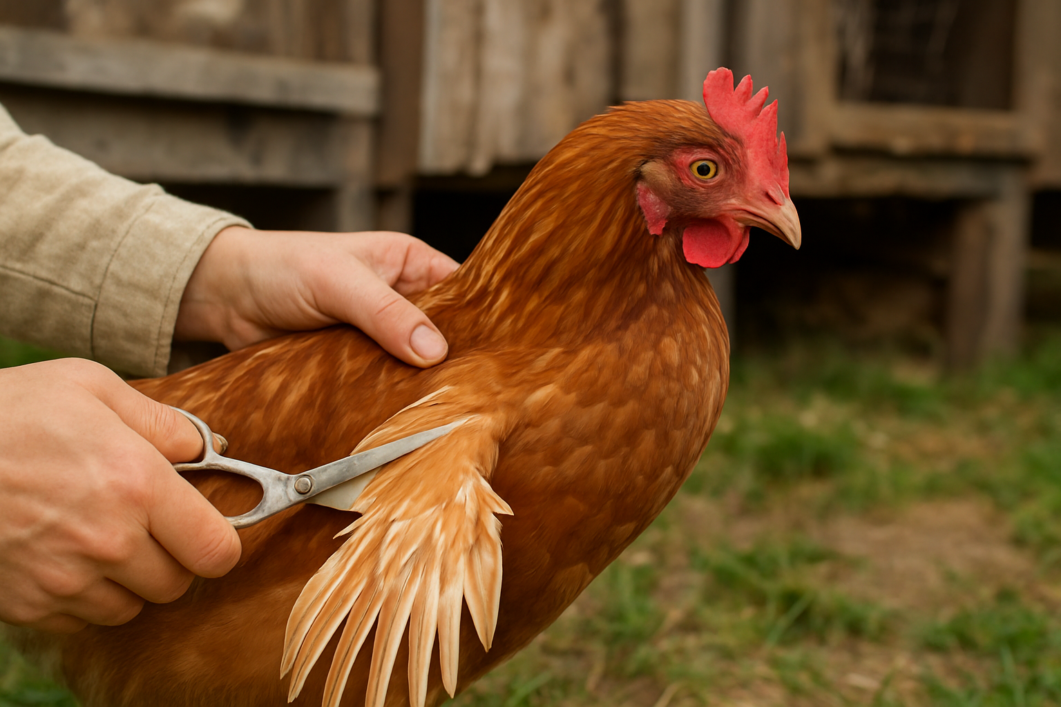 A farmer gently holding a chicken with its wing extended, demonstrating how to clip chicken wings safely and humanely.