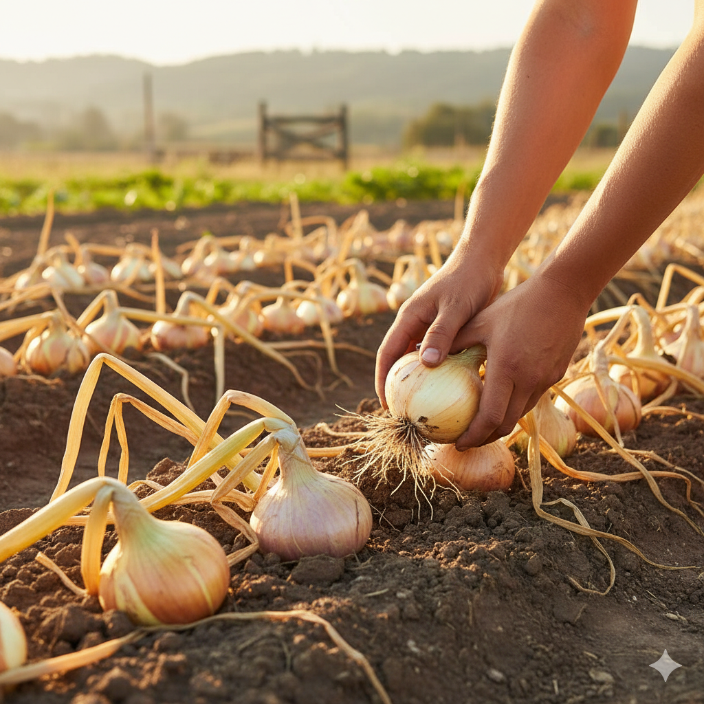 A close-up of a gardener's hands harvesting a ripe onion from an outdoor garden bed, showing yellowed tops bent over—how to tell when onions are ready to harvest.