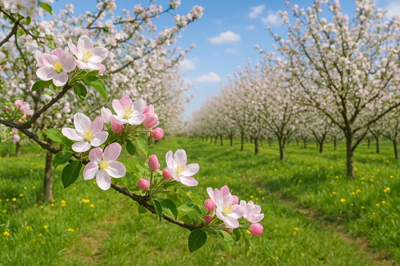 A picturesque apple orchard in full bloom during springtime, with pink and white blossoms on every tree — perfectly capturing the moment to answer the question When Do Apple Trees Bloom.