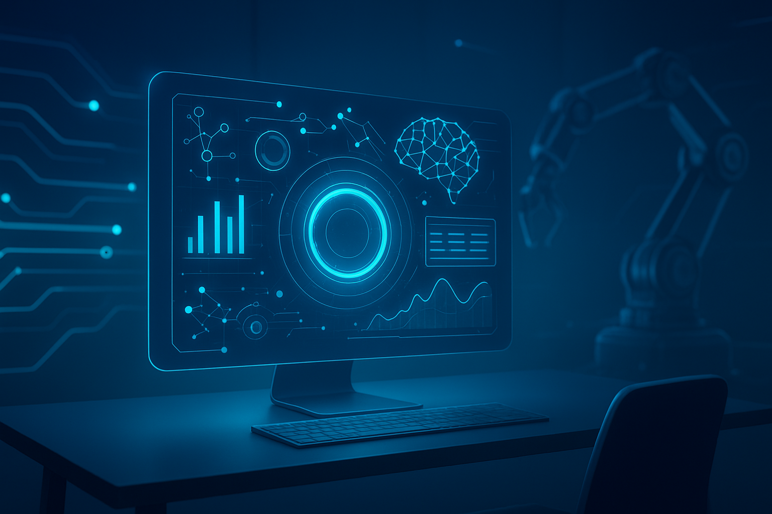 A futuristic digital interface with holographic controls and automation elements representing Apex Automated.