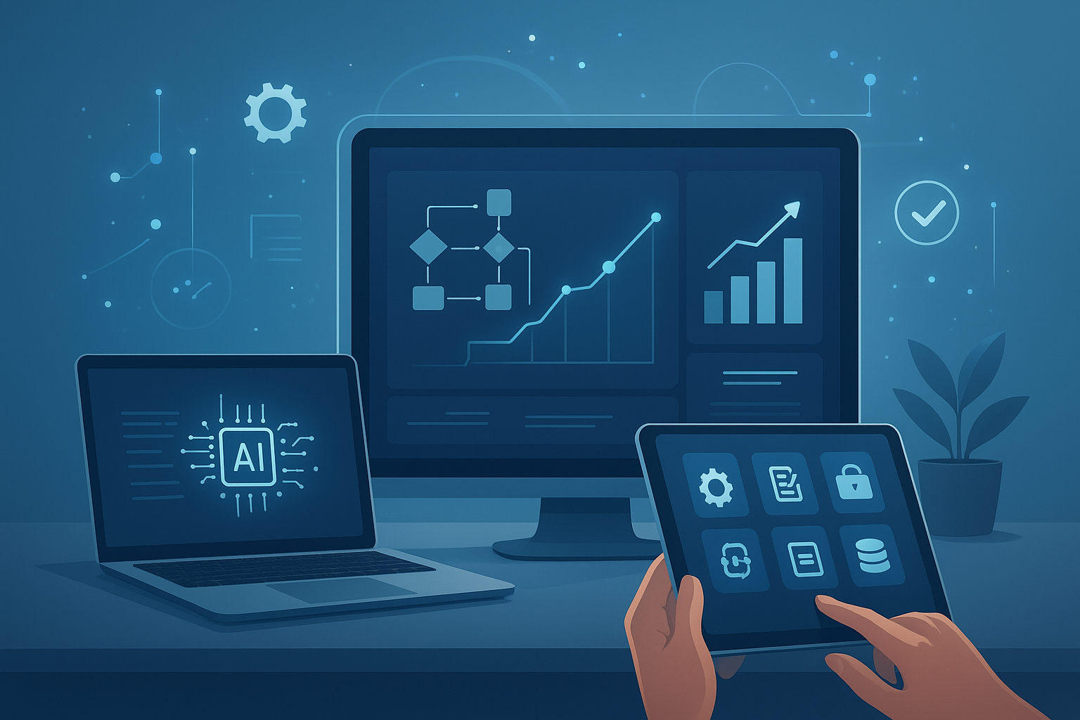 Automation Finder helping streamline workflows on a modern digital workspace with screens and devices.