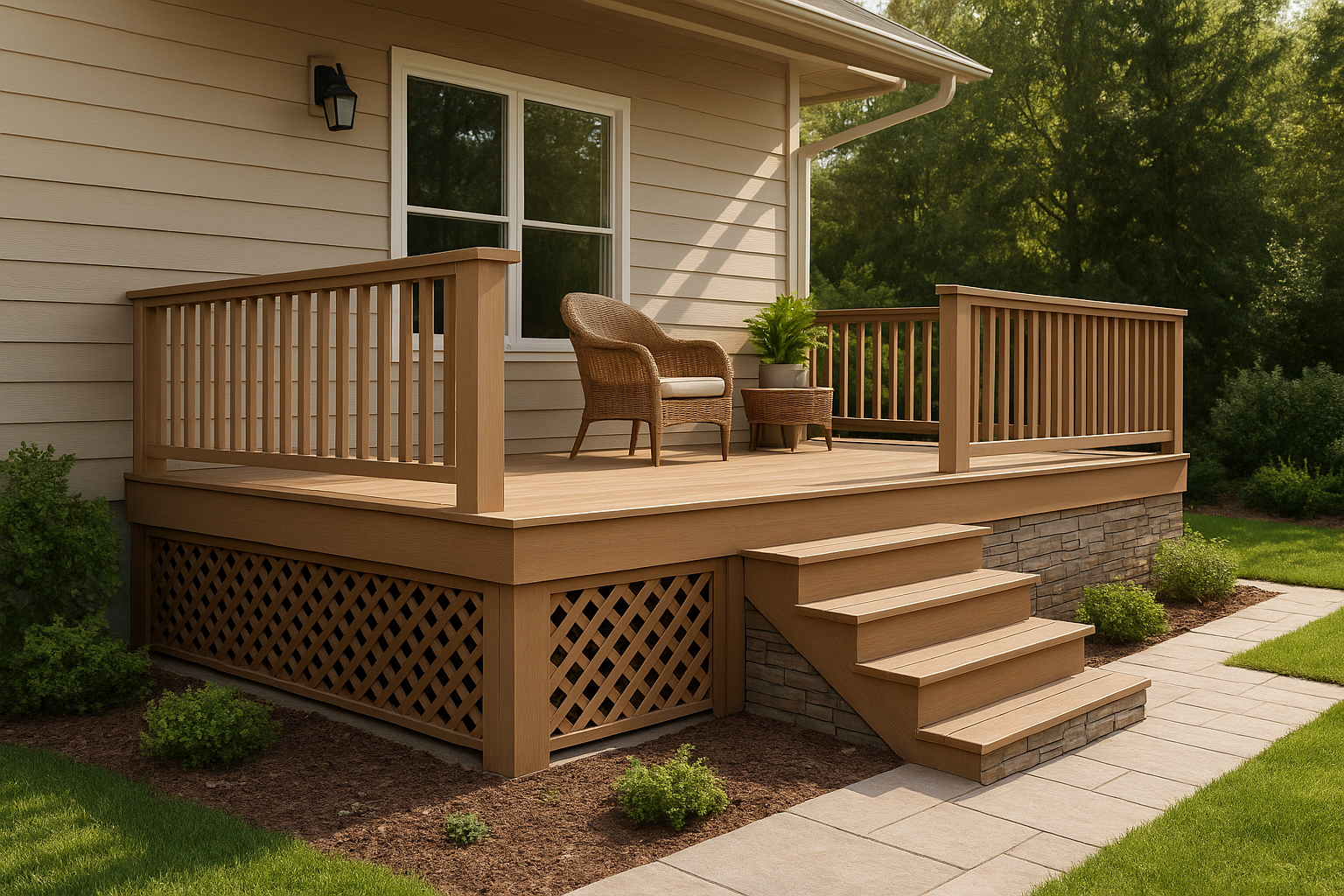 A modern backyard deck featuring a mix of wood lattice and stone veneer designs, showcasing stylish and practical deck skirting ideas for outdoor spaces.