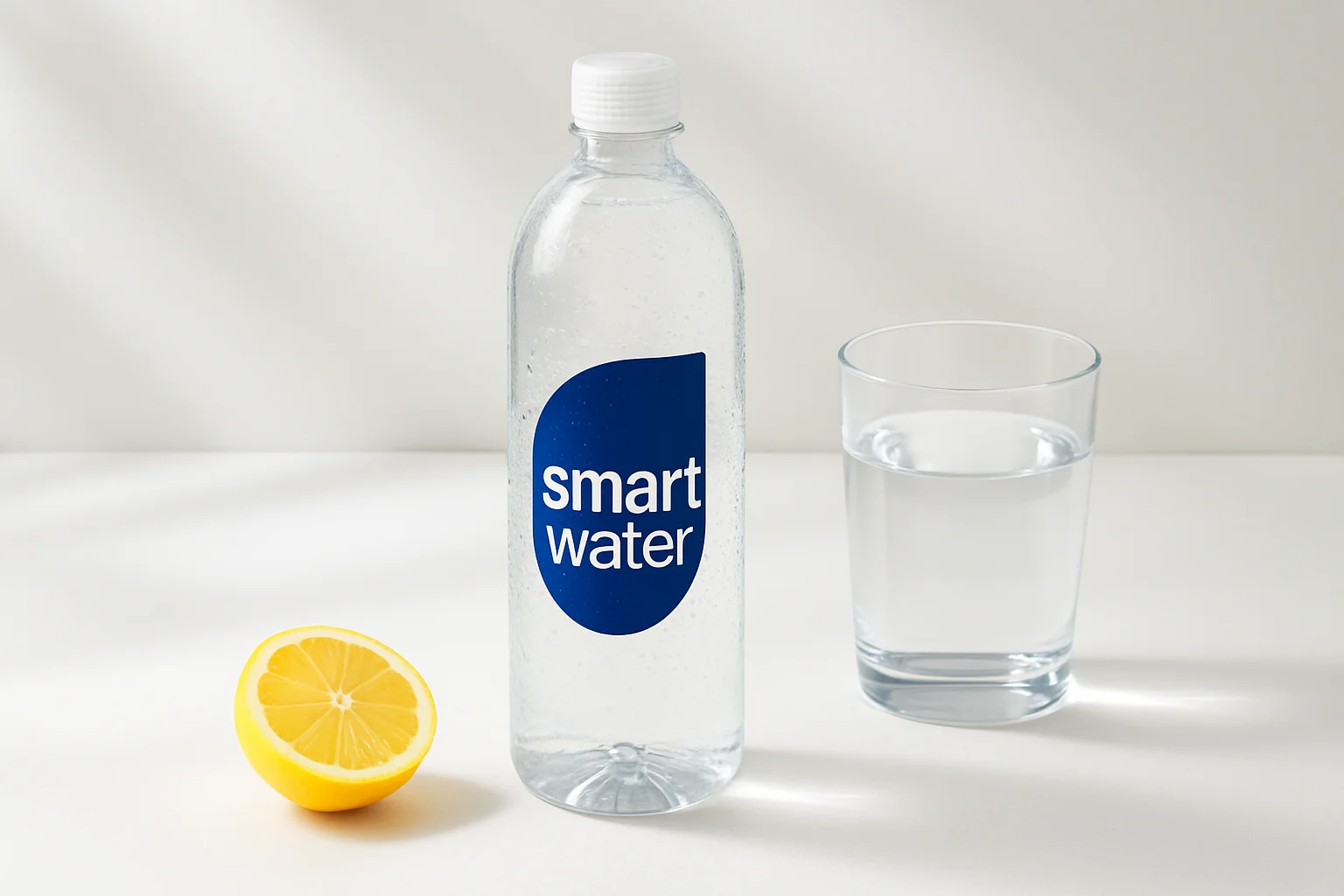 Clear Smartwater bottle on a bright surface, styled to illustrate the concept of “does smart water have electrolytes.