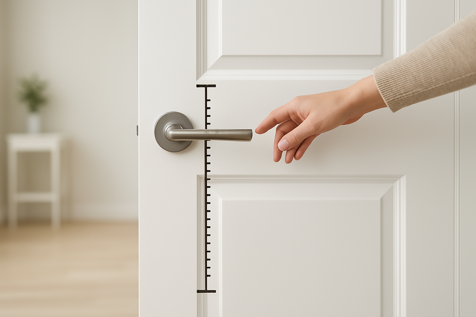 A person's hand reaches for a lever-style door handle on a white door, with a ruler graphic next to it illustrating the concept of door handle height.