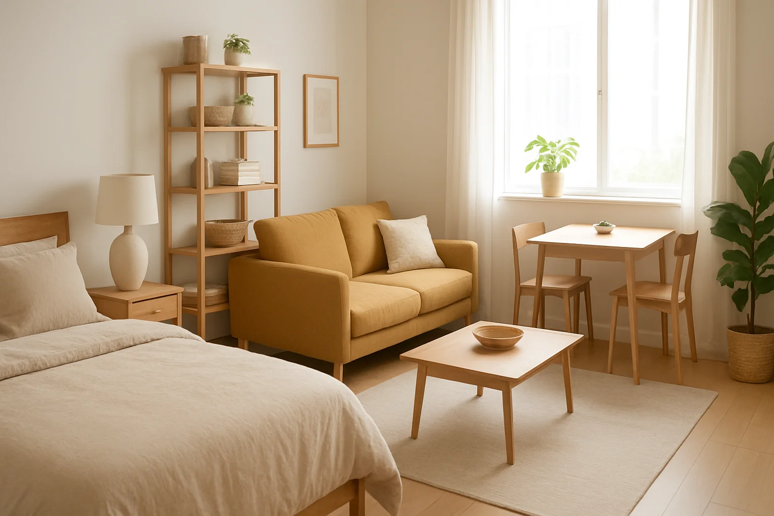 A bright, Scandinavian-style living space with a bed, a mustard-yellow couch, a wooden bookshelf, and a dining area by a window, ideal for a first apartment checklist inspiration.