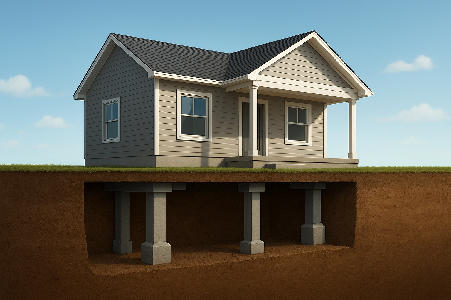 A 3D-rendered cross-sectional digital illustration showing a modern house supported by foundation piers beneath the ground.