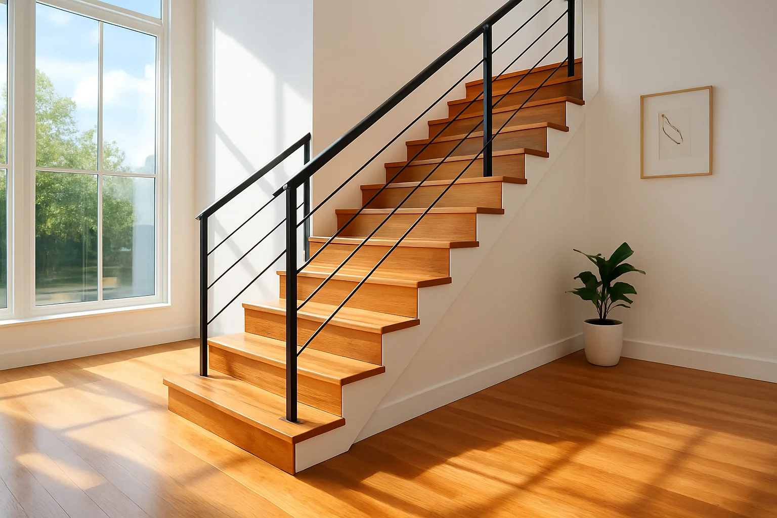 Hardwood floor stairs in a modern home showcasing polished wood treads and stylish design.