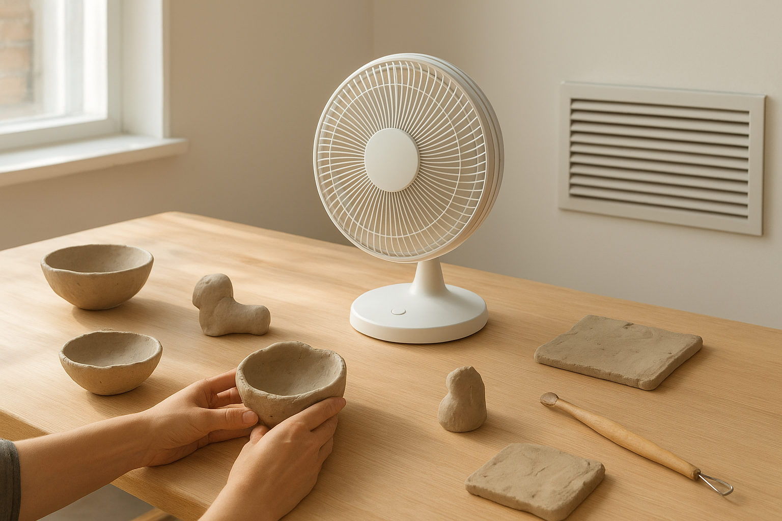 A pottery workspace showing hands shaping a clay bowl beside a fan and other drying clay pieces, illustrating how long does air dry clay take to dry.