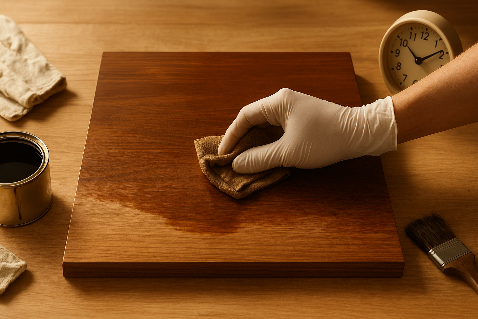 A close-up image shows a gloved hand applying wood stain to a wooden board with a cloth, surrounded by a can of stain, a brush, and a clock on a workbench — visually illustrating the process of how long does stain take to dry.