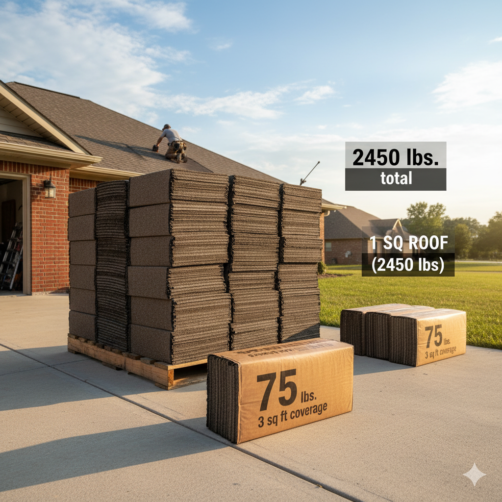 A pallet of roof shingles in a driveway with two bundles in the foreground, labeled "75 lbs," visually answering the question of how much does a bundle of shingles weigh.