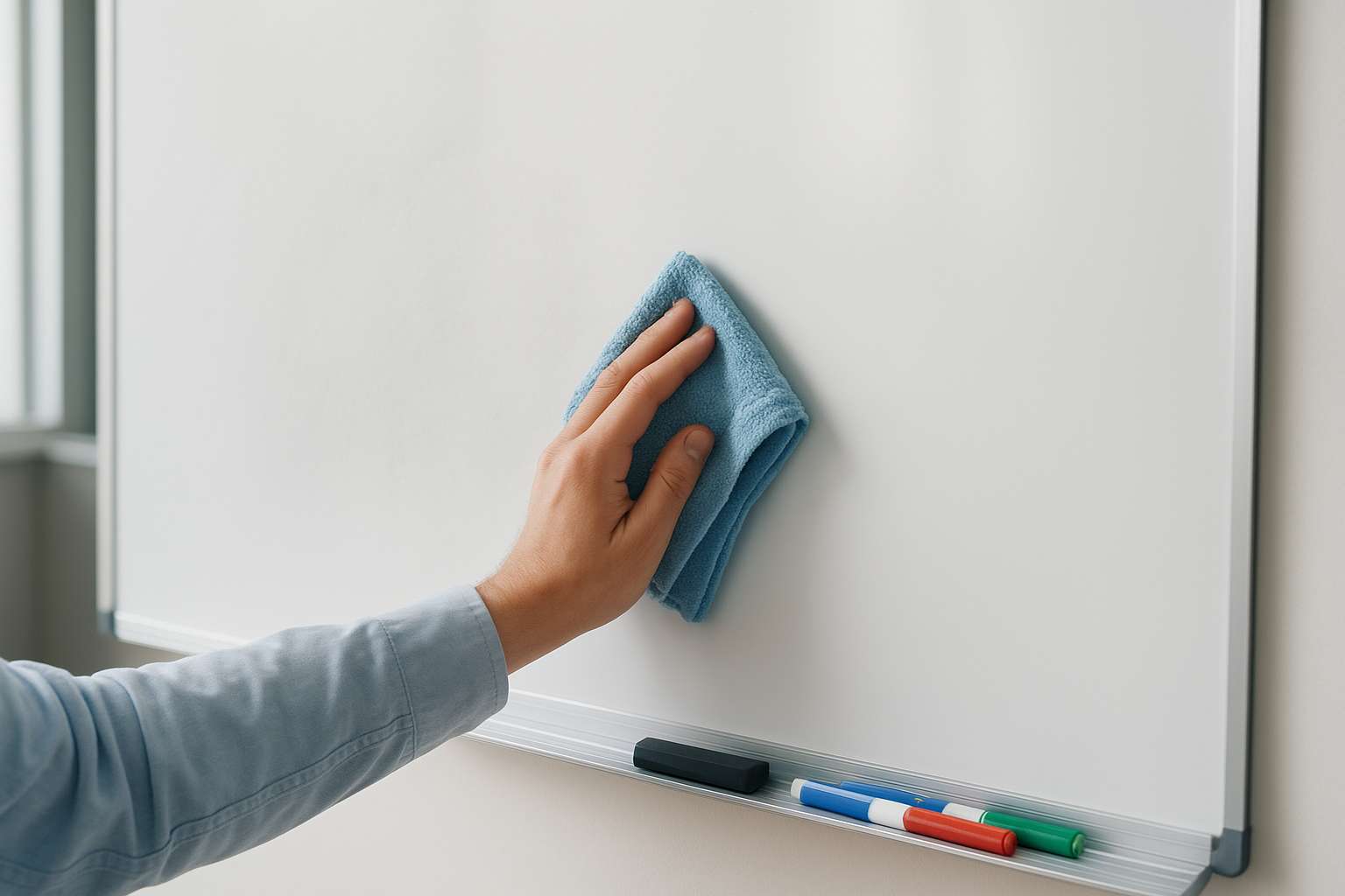 A person wipes a whiteboard with a soft microfiber cloth, showing the process of removing marker stains and residue — demonstrating how to clean a whiteboard effectively.