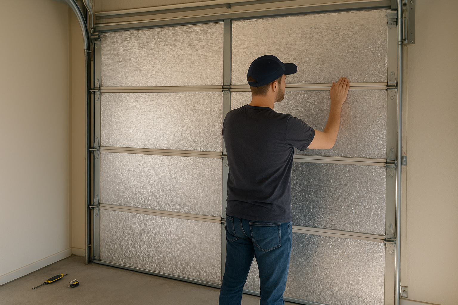 A man installs reflective insulation panels on a garage door, demonstrating how to insulate garage door efficiently.