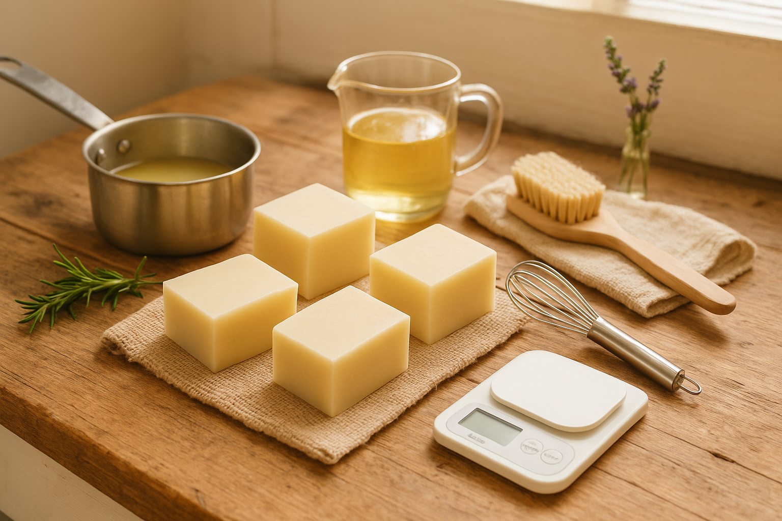 A rustic kitchen scene showing the process of how to make tallow soap, with melted tallow, natural oils, and handmade soap bars on a wooden countertop.