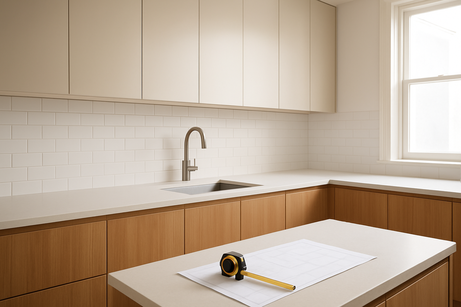 Modern kitchen showcasing precise kitchen cabinet depth alignment with clean lines, minimalist wood finishes, and balanced upper and lower cabinetry under natural light.