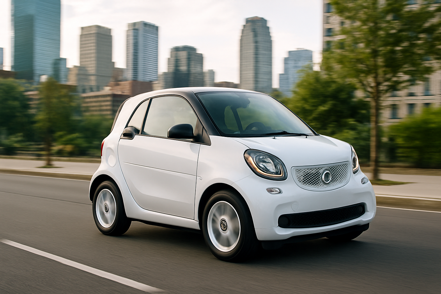 Compact Smart car driving in the city, illustrating miles per gallon for smart car performance.