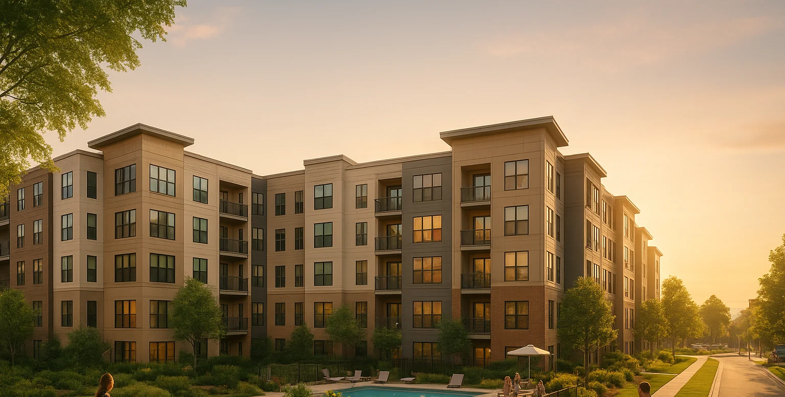 A wide exterior shot of the modern Oak Grove Apartments complex at sunset, featuring multiple stories, balconies, a swimming pool, and surrounding greenery.