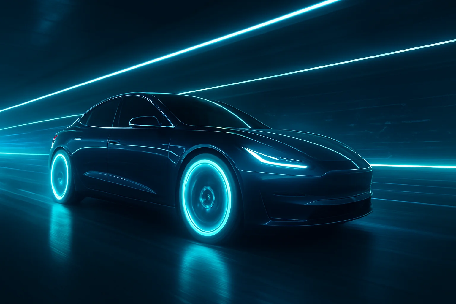 Quantum wheels on a futuristic car in a neon-lit tunnel, highlighting advanced automotive innovation.