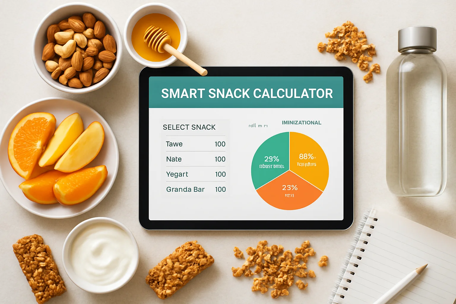 Smart Snack Calculator with healthy snacks and tablet showing nutritional planning for home and school.