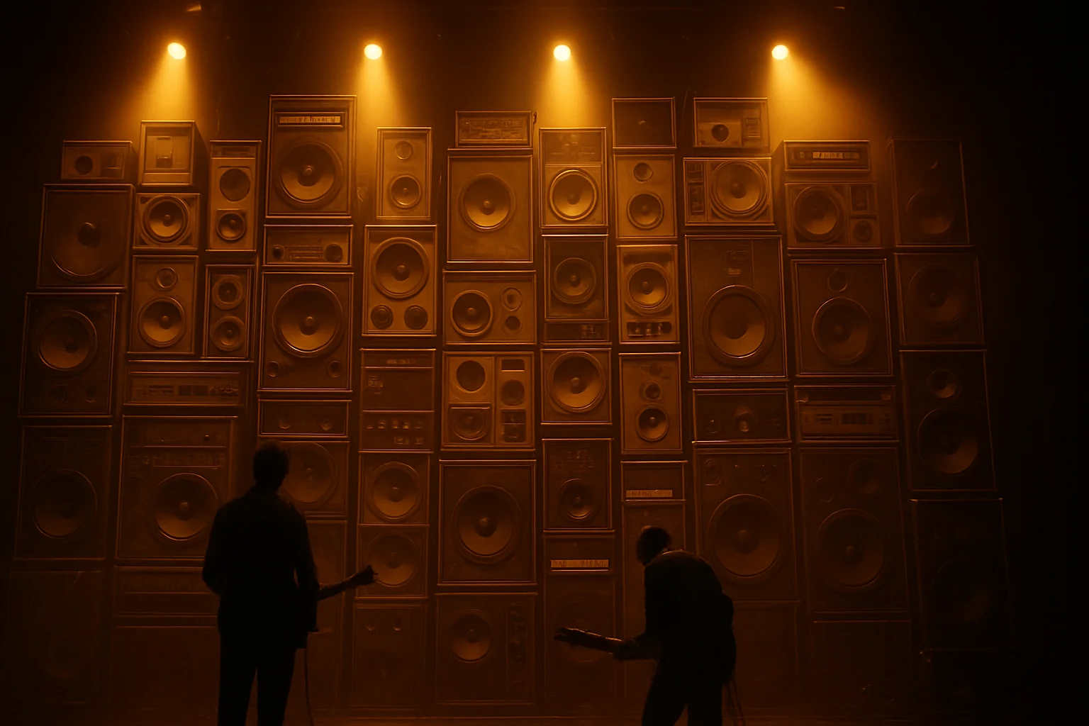 A massive vintage speaker setup resembling the original wall of sound, with stacked amplifiers and warm stage lighting behind silhouetted musicians.