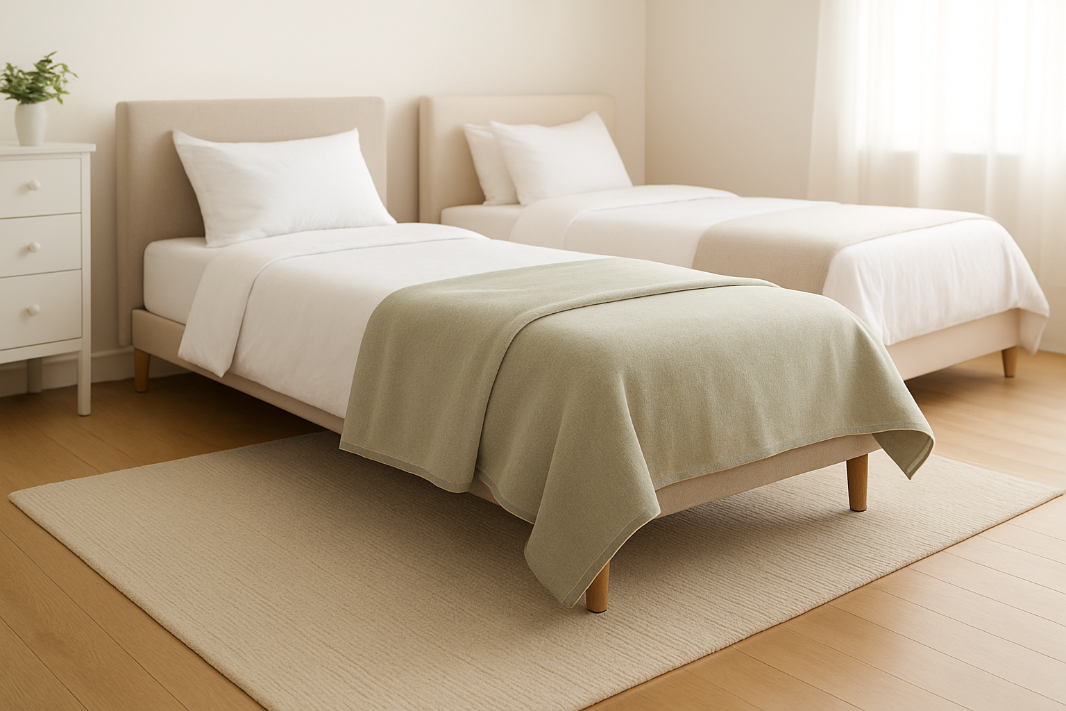 A twin bed neatly styled with a folded blanket to visually show what size is a twin blanket compared to larger bed sizes.
