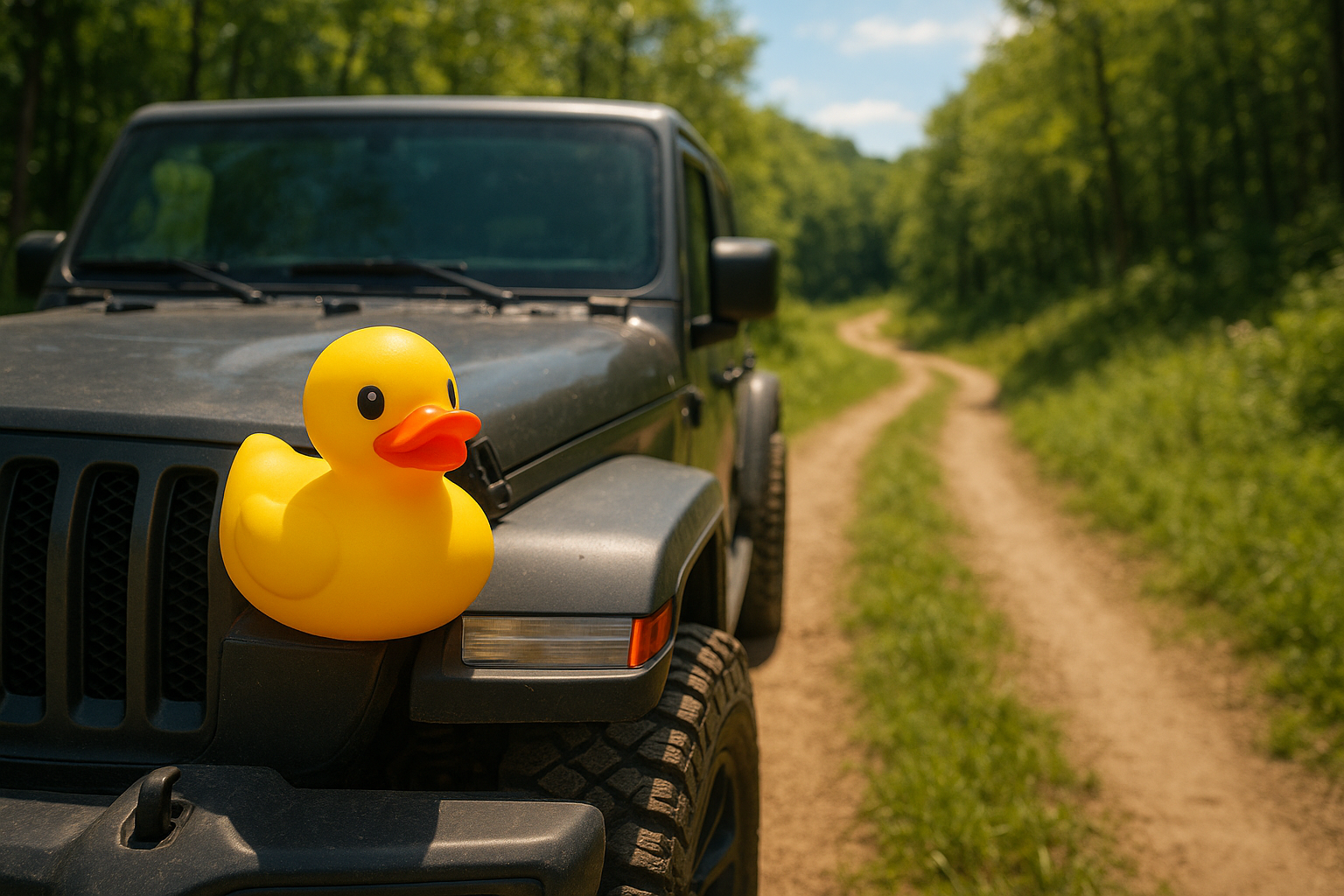Why Do People Put Ducks on Jeeps – A rubber duck sits on the hood of a Jeep on a scenic trail, showcasing the Jeep ducking trend.