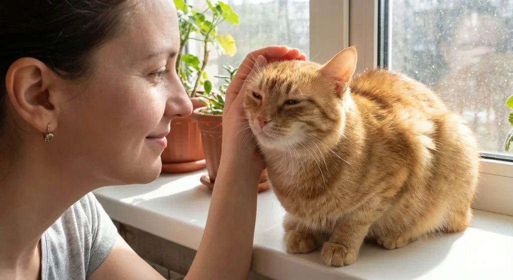 A woman with dark hair smiles as she gently pets a ginger tabby cat on a windowsill filled with potted plants. The cat's eyes are partially closed in a relaxed manner.