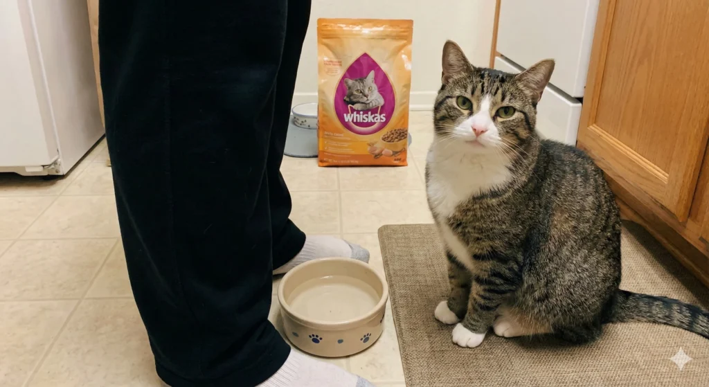 A domestic tabby and white cat sits patiently on a brown mat in a kitchen, staring intently at the camera. A person's legs in black pants are beside an empty ceramic bowl, and a bag of Whiskas dry cat food is visible in the background.