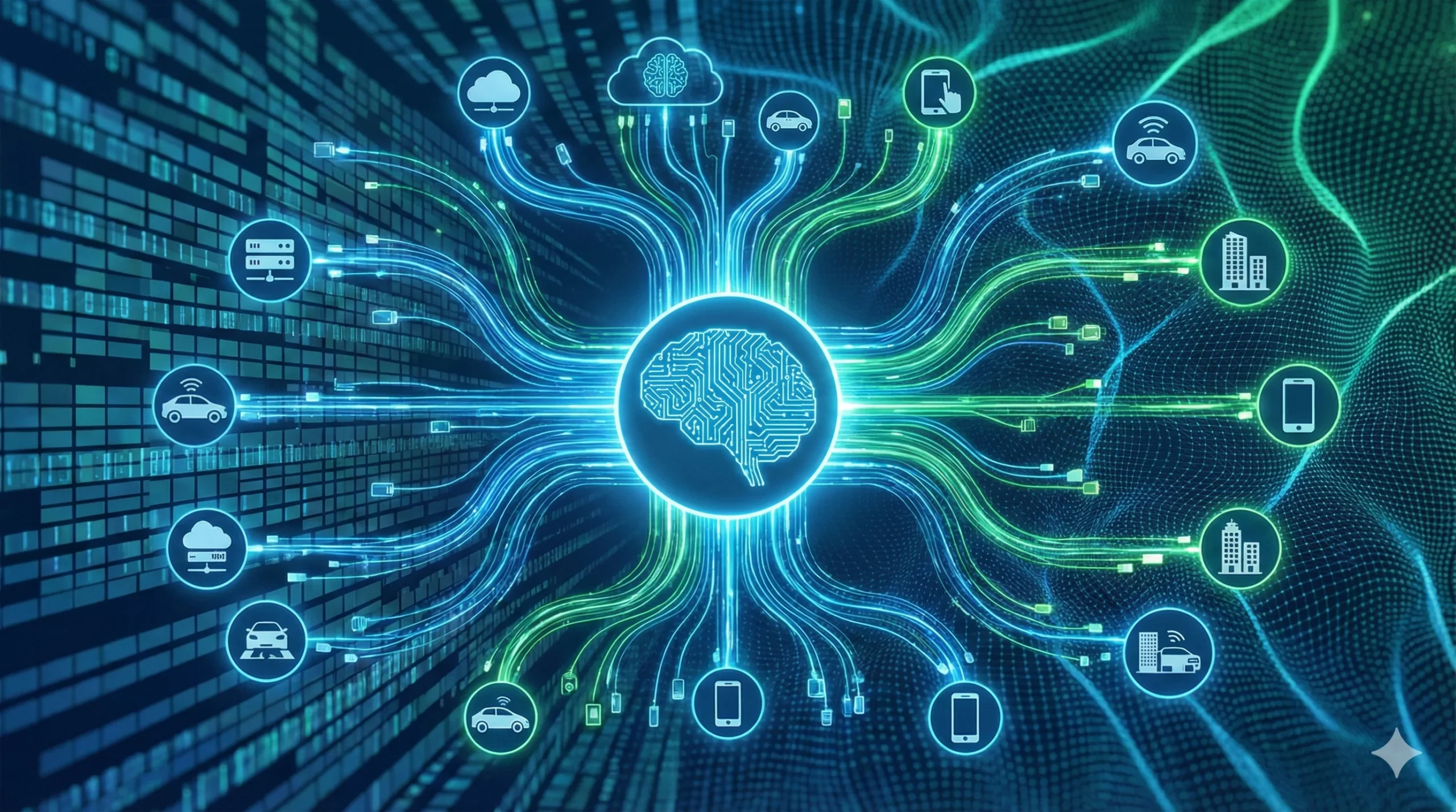 A futuristic digital illustration showing a central artificial intelligence brain icon connected by glowing data streams to various smart devices, visualizing the concept of adaptive network control.
