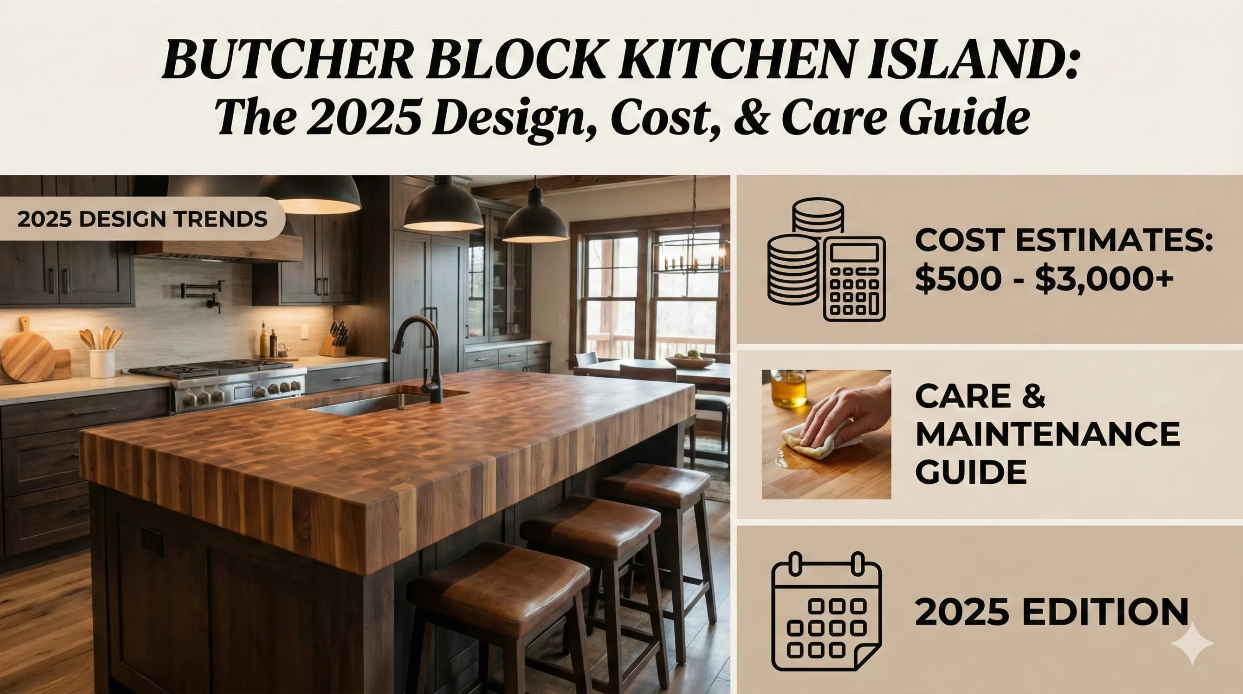 A spacious kitchen featuring a large, dark wood butcher block kitchen island with a built-in sink and seating for four, set against dark blue cabinets and white open shelving.