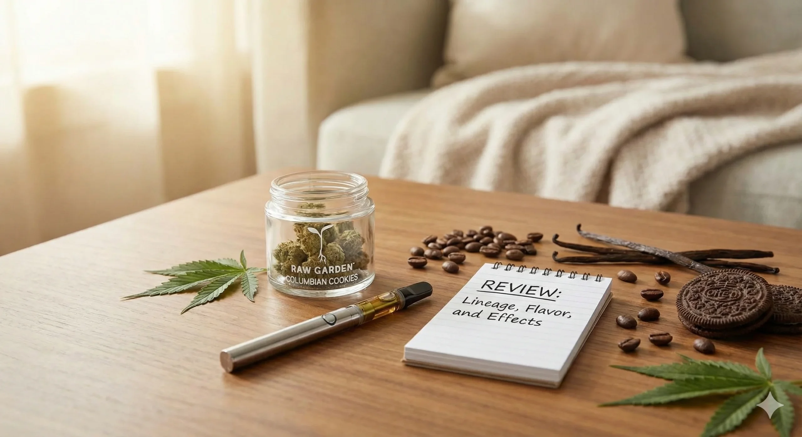 A glass jar of Columbian Cookies Raw Garden cannabis flower and a vape pen on a wooden table next to a notebook for a review.